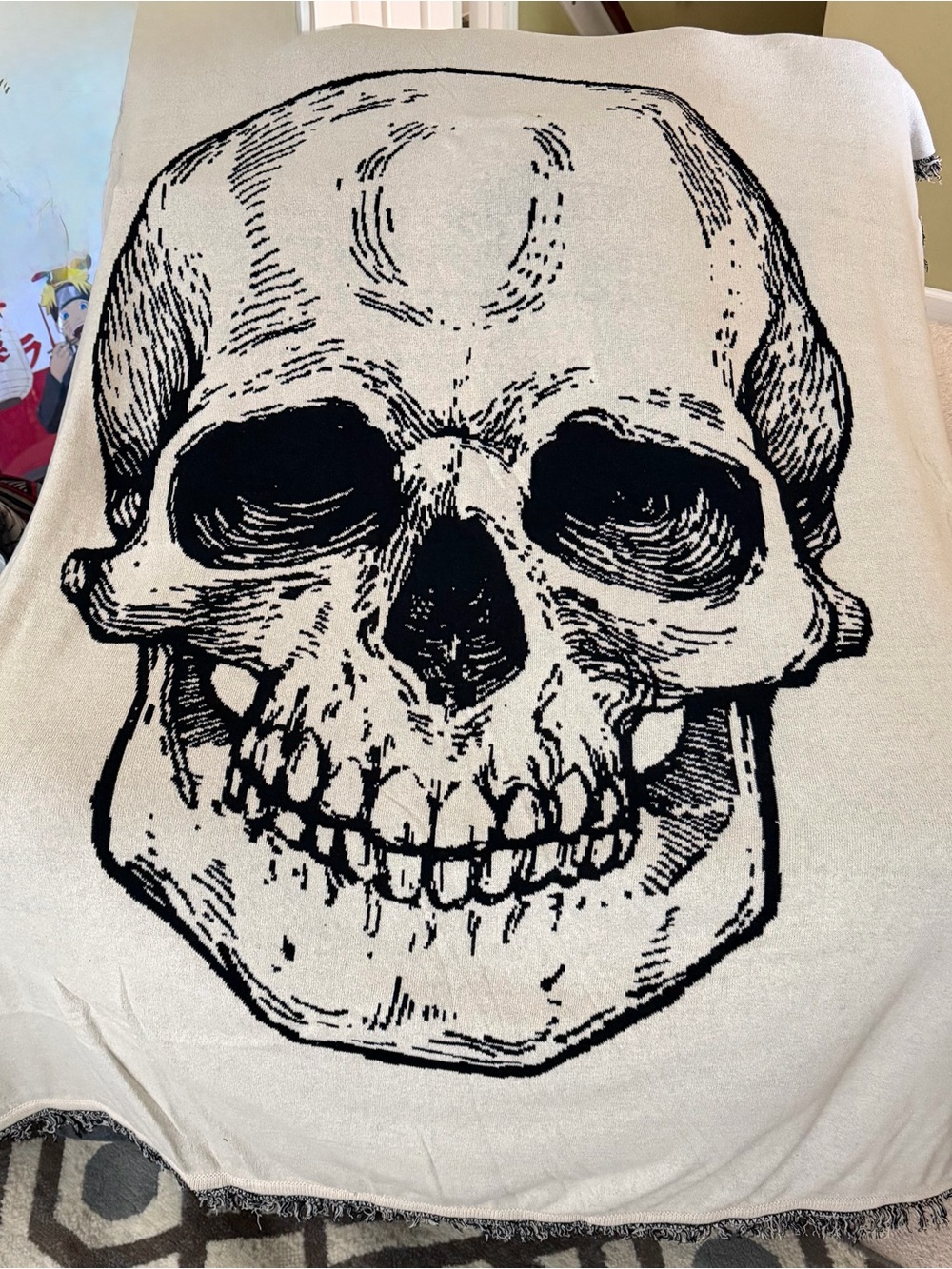 Skull Print Throw Blanket in Cream and Black - Stylish Home Bedding size 50X60